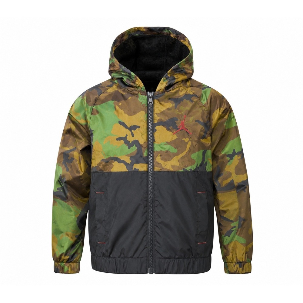 Jordan Boys Camo Windbreaker Jacket Full Zip Hooded Green Black Size 7 L 6-7Y